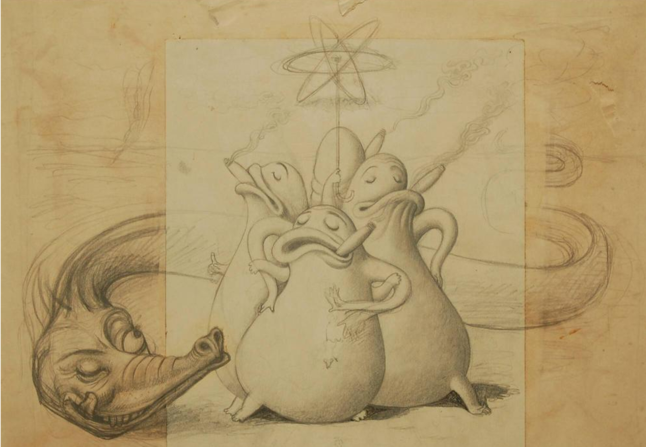 In this 1946 sketch by the Russian exile and TIME magazine cover artist Boris Artzybasheff, a circle of four leaders seek to protect themselves from a circling snake with a nuclear umbrella